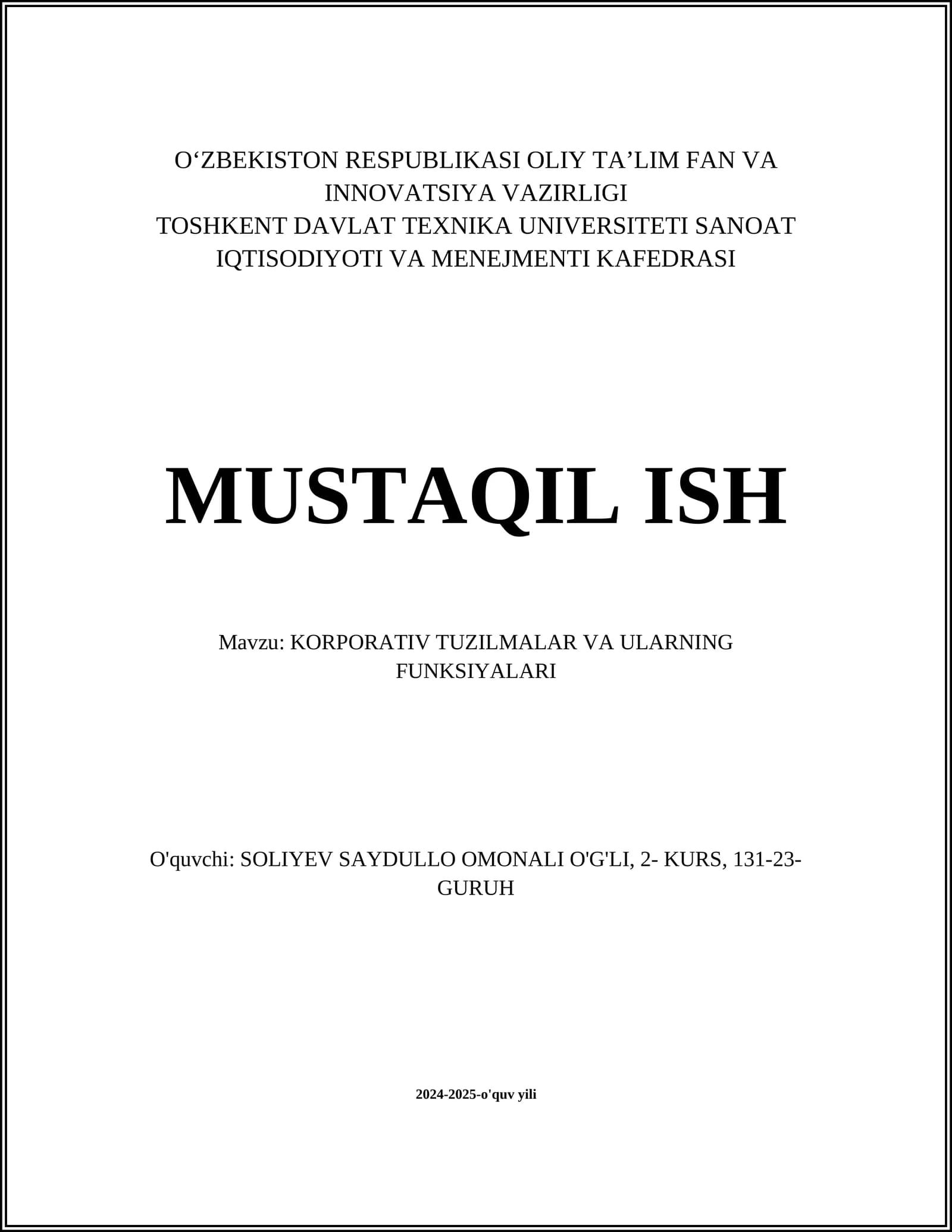 KORPORATIV TUZILMALAR VA ULARNING FUNKSIYALARI