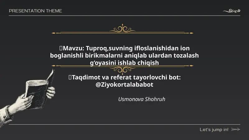 Tuproq,suvning ifloslanishidan ion boglanishli birikmalarni aniqlab ulardan tozalash g‘oyasini ishlab chiqish