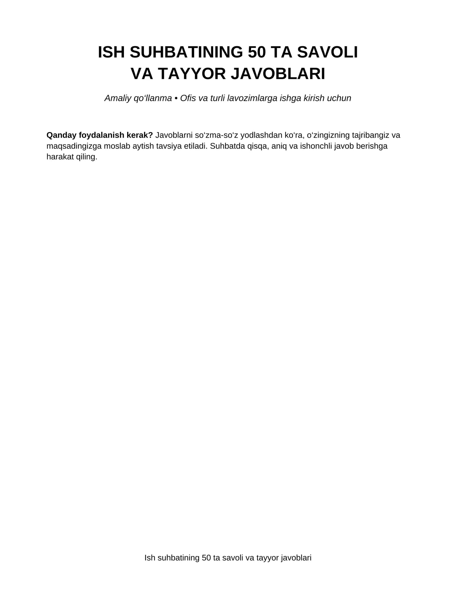 ISH SUHBATINING 50 TA SAVOLI VA TAYYOR JAVOBLARI