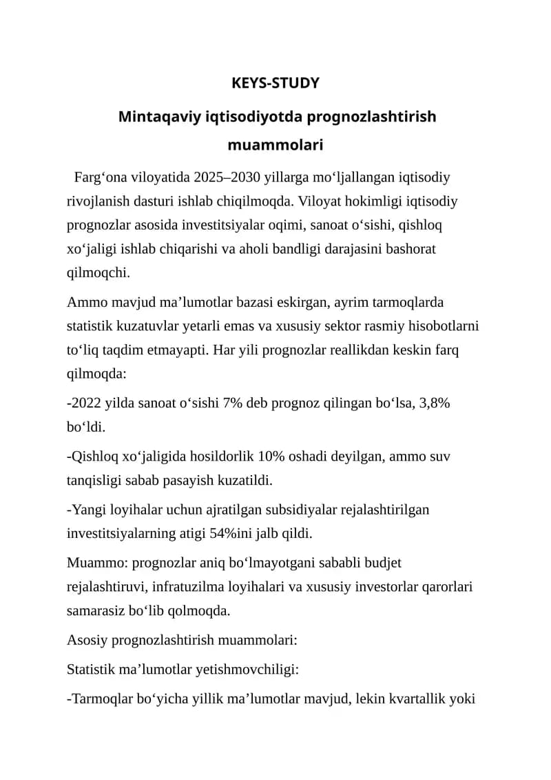 Mintaqaviy iqtisodiyotda prognozlashtirish muammolari