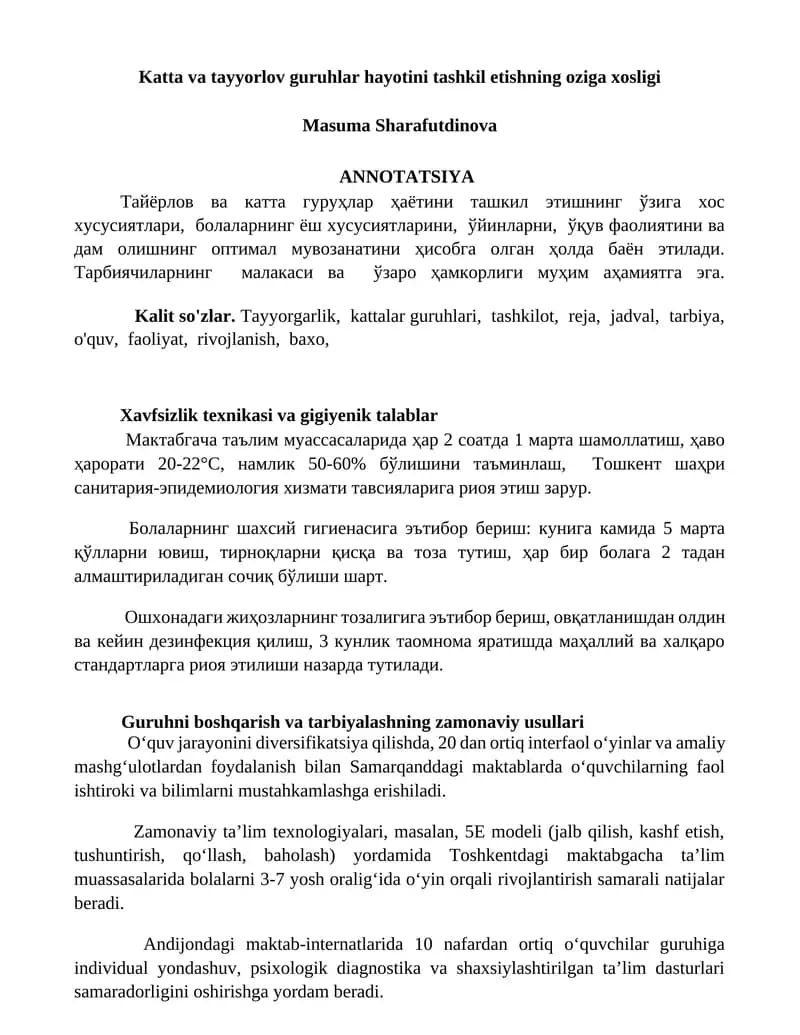 Katta va tayyorlov guruhlar hayotini tashkil etishning oziga xosligi