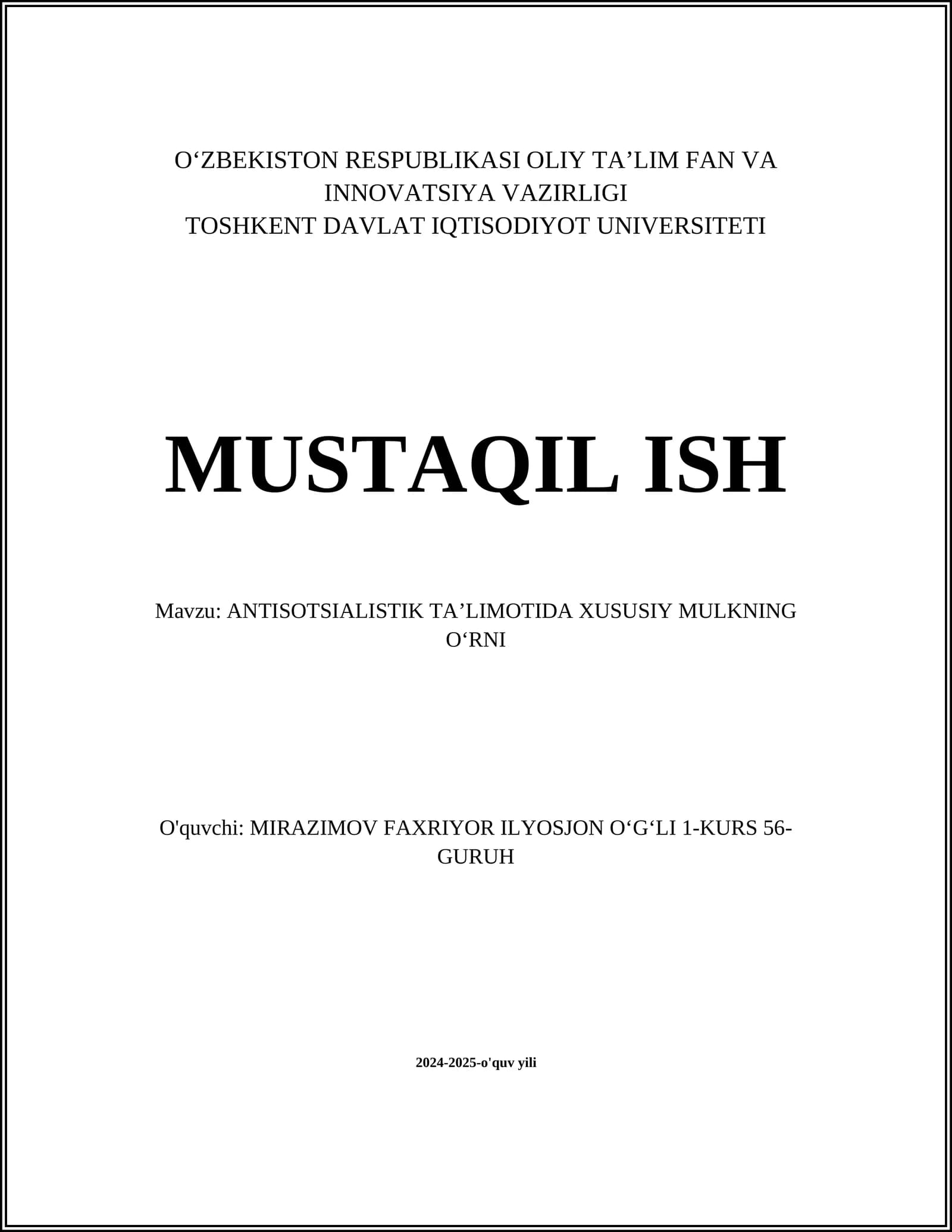 ANTISOTSIALISTIK TAʼLIMOTIDA XUSUSIY MULKNING OʻRNI