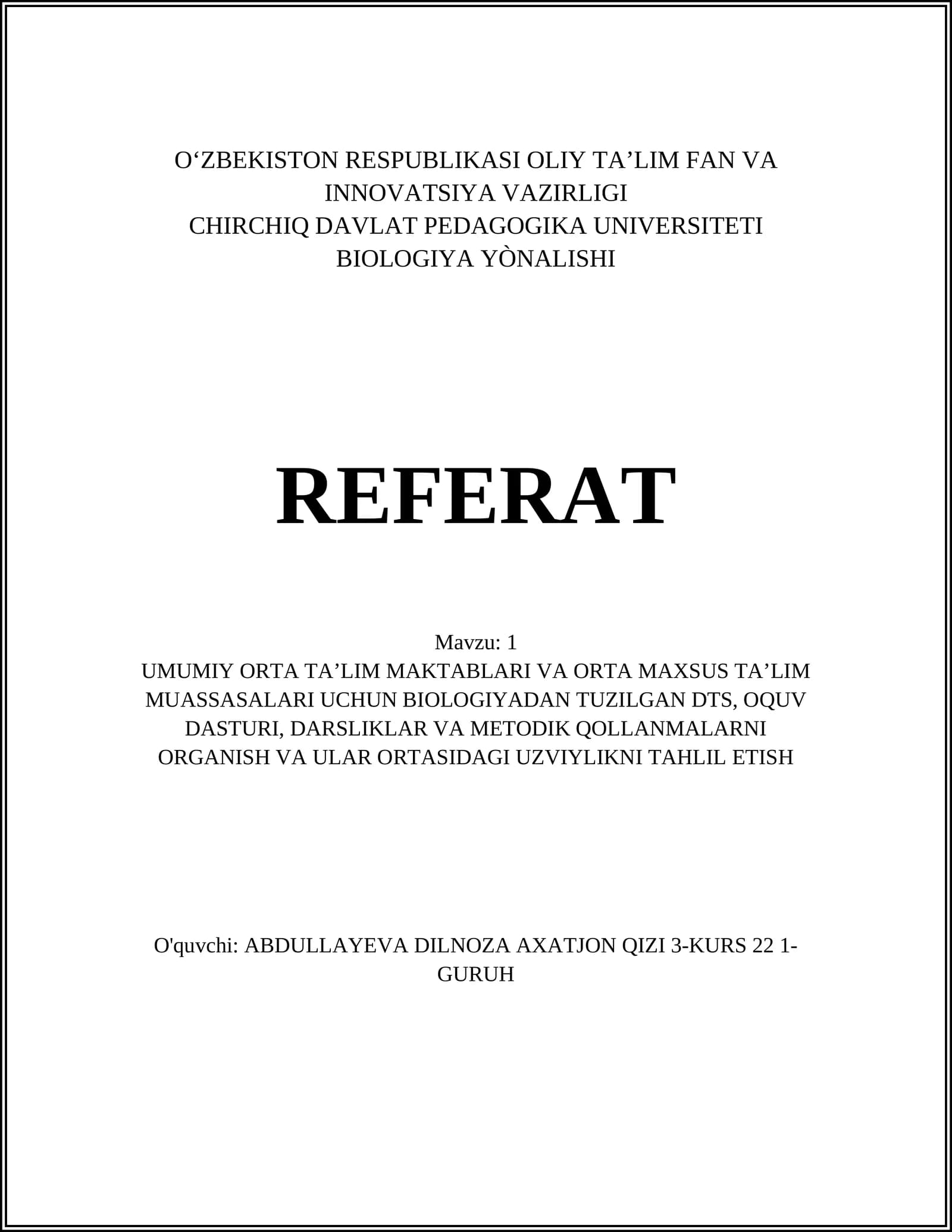 BIOLOGIYA YÒNALISHI REFERAT