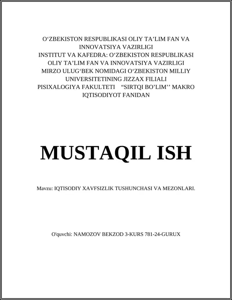 IQTISODIY XAVFSIZLIK TUSHUNCHASI VA MEZONLARI