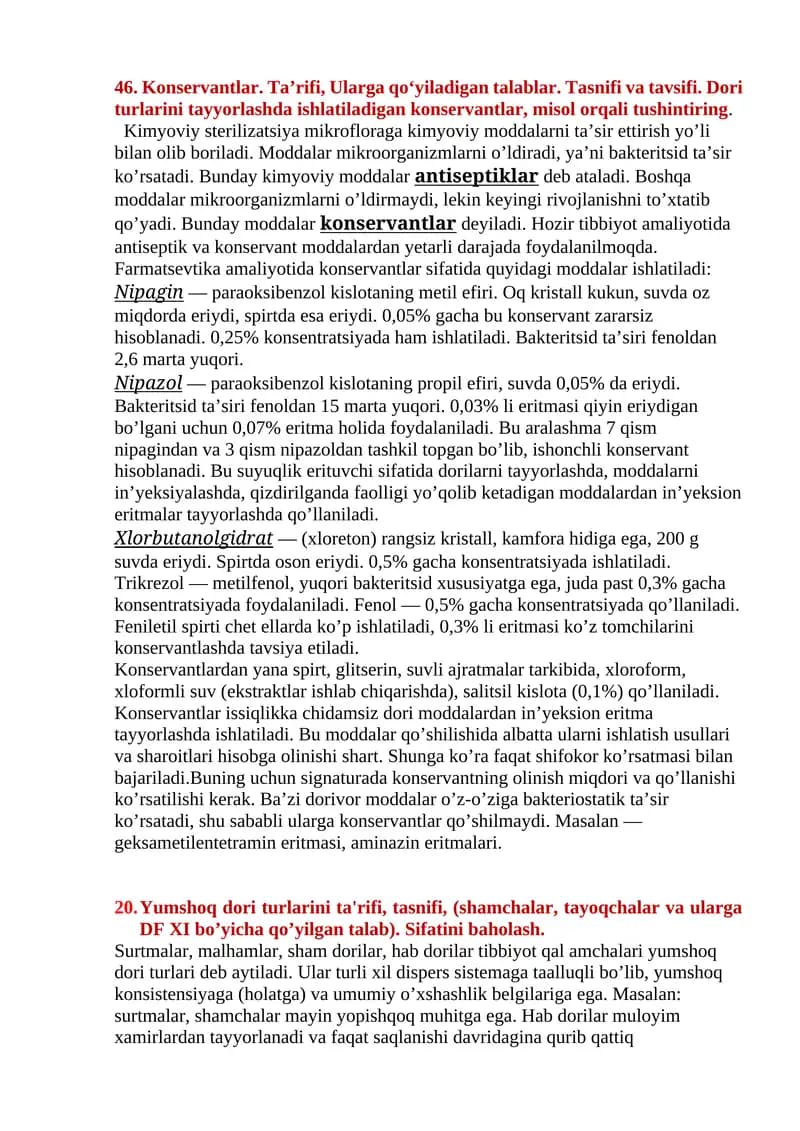 Konservantlar. Ta’rifi, Ularga qo‘yiladigan talablar. Tasnifi va tavsifi. Dori turlarini tayyorlashda ishlatiladigan konservantlar, misol orqali tushintiring