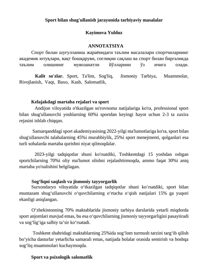 Sport bilan shug'ullanish jarayonida tarbiyaviy masalalar