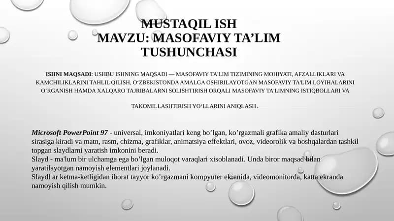 Mustaqilish Mavzu: Masofaviy Ta’lim Tushunchasi