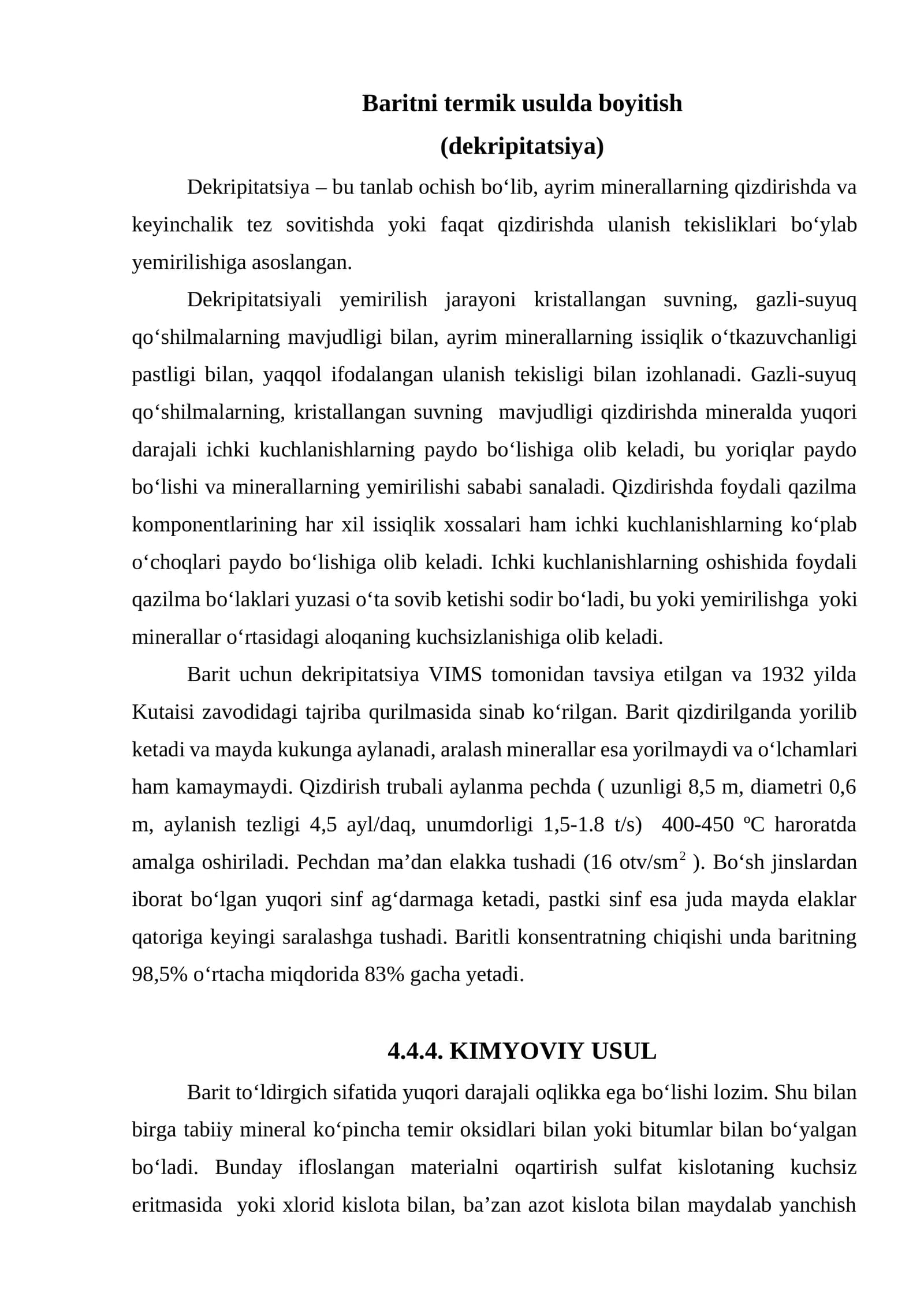 Baritni termik usulda boyitish