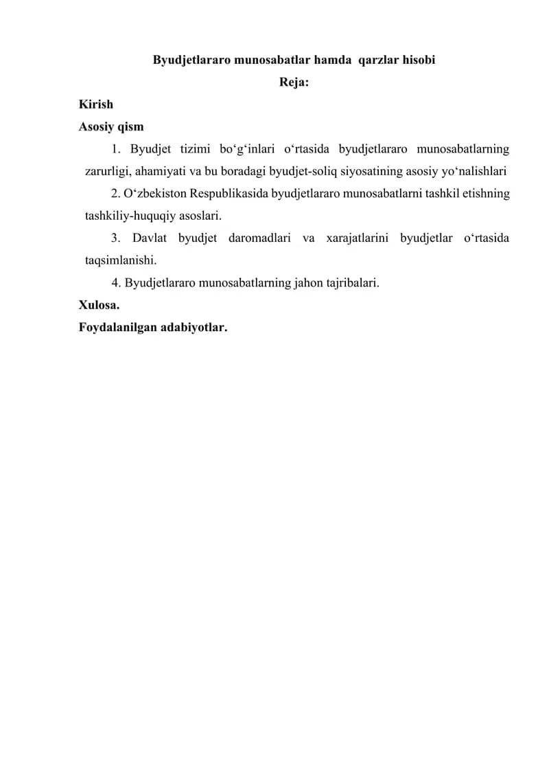 Byudjetlararo munosabatlar hamda qarzlar hisobi