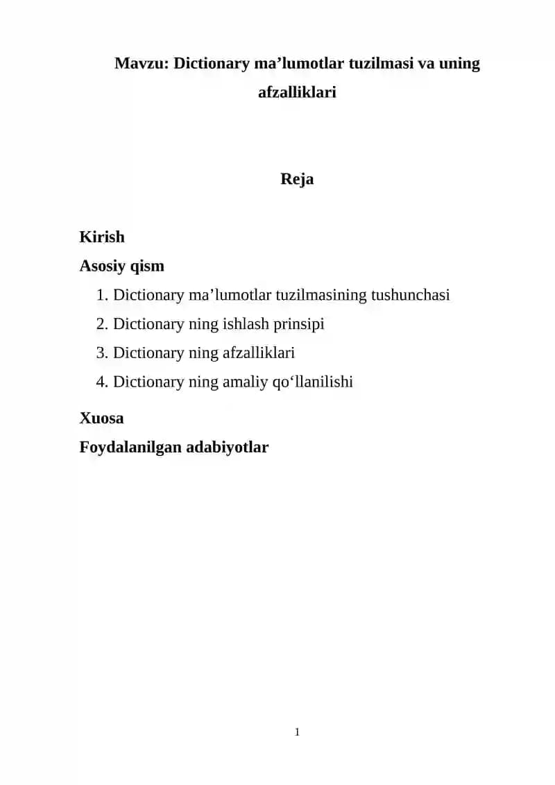Dictionary maʼlumotlar tuzilmasi va uning afzalliklari