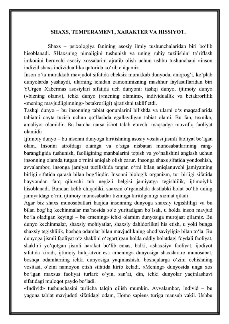 SHAXS, TEMPERAMENT, XARAKTER VA HISSIYOT