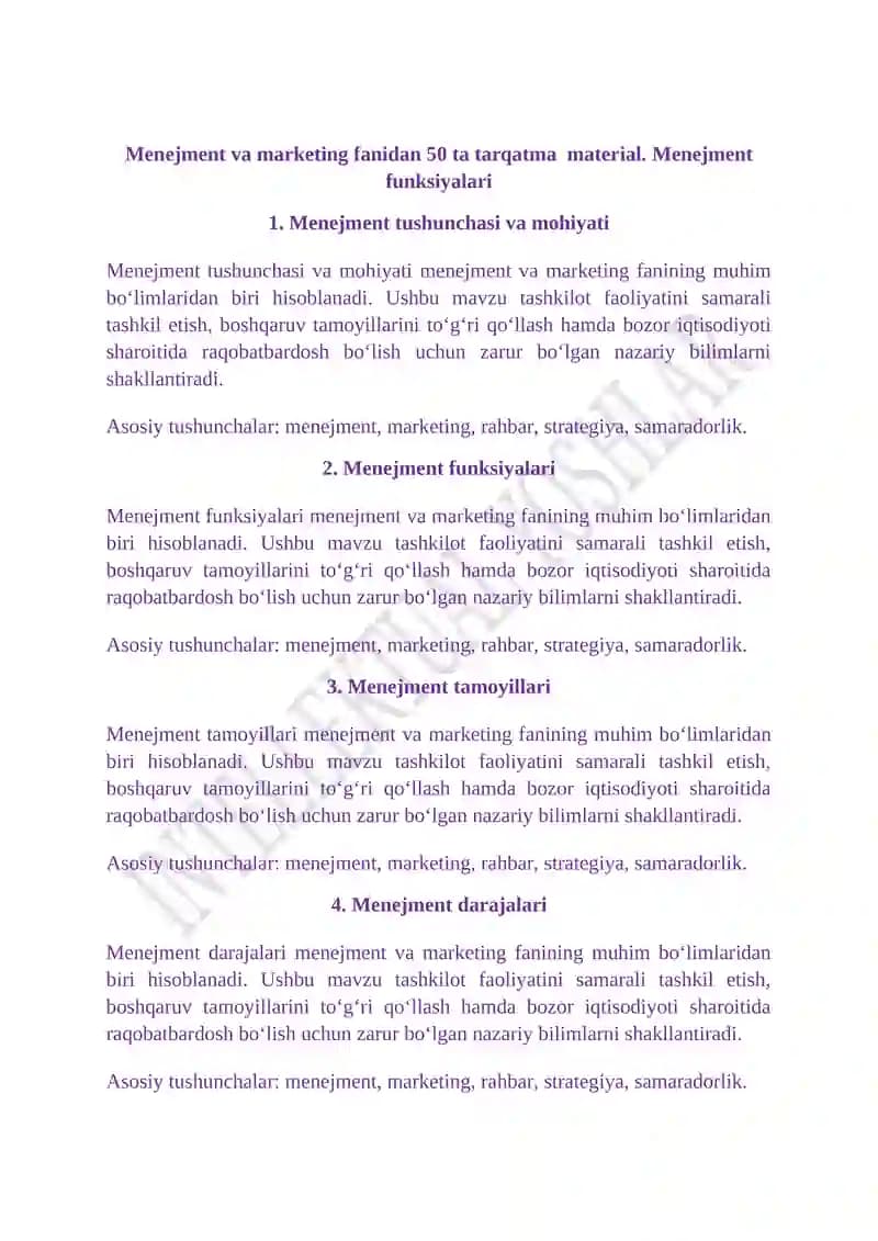 Menejment va marketing fanidan 50 ta tarqatma material. TALABALAR UCHUN