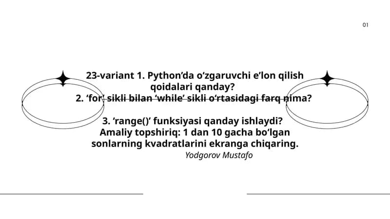 Python dasturlash tilida o‘zgaruvchi e’lon qilish, sikllar va funksiyalar