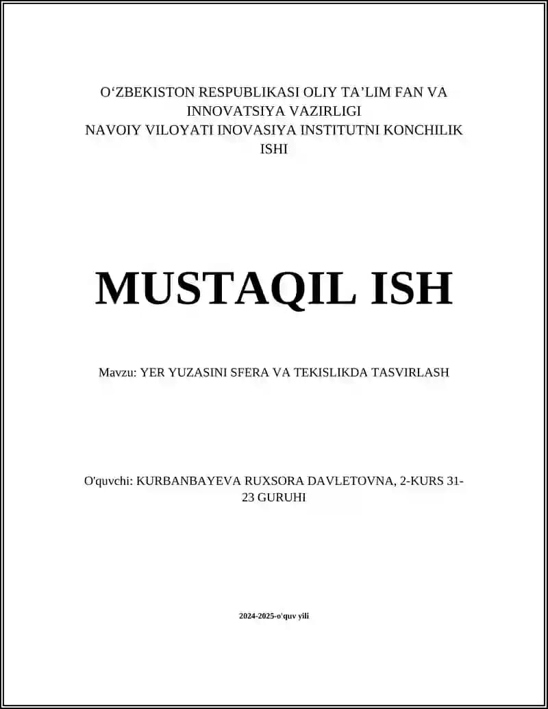 Yer Yuzasini Sfera va Tekislikda Tasvirlash