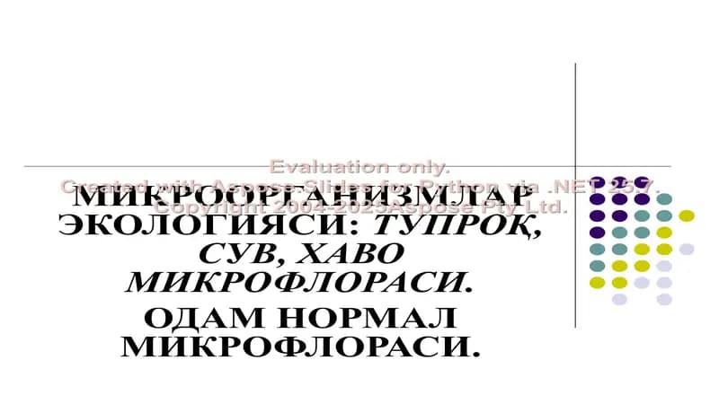 МИКРООРГАНИЗМЛАР  ЭКОЛОГИЯСИ: ТУПРОҚ, СУВ, ХАВО МИКРОФЛОРАСИ.ОДАМ НОРМАЛ МИКРОФЛОРАСИ.