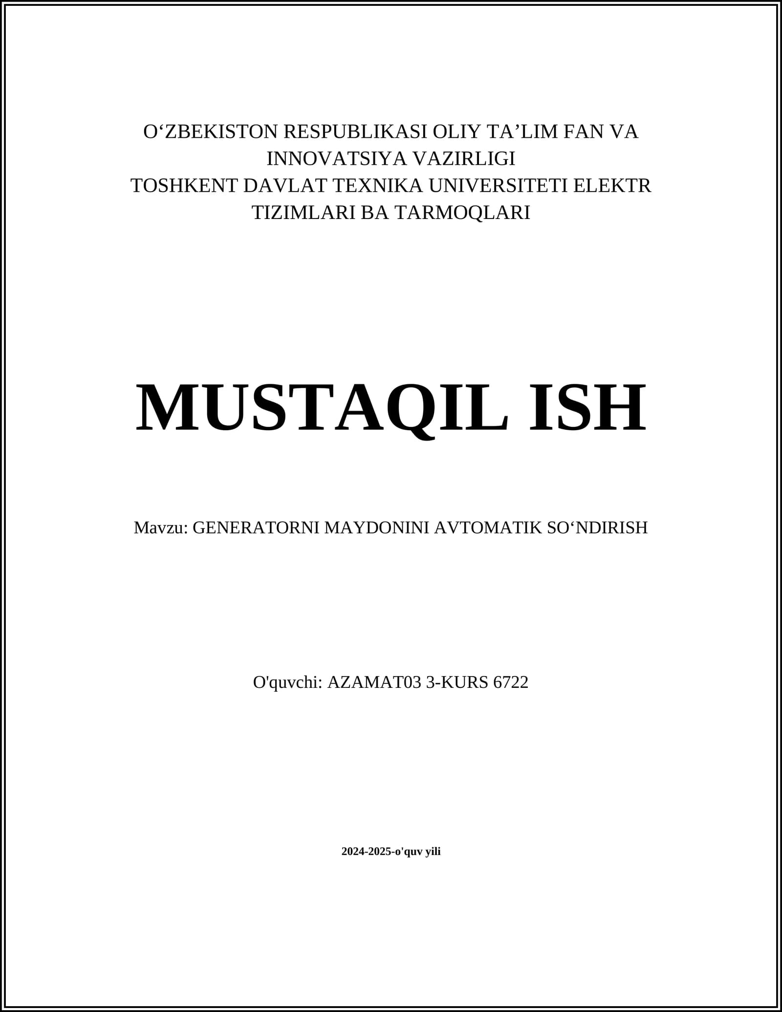 GENERATORNI MAYDONINI AVTOMATIK SOʻNDIRISH