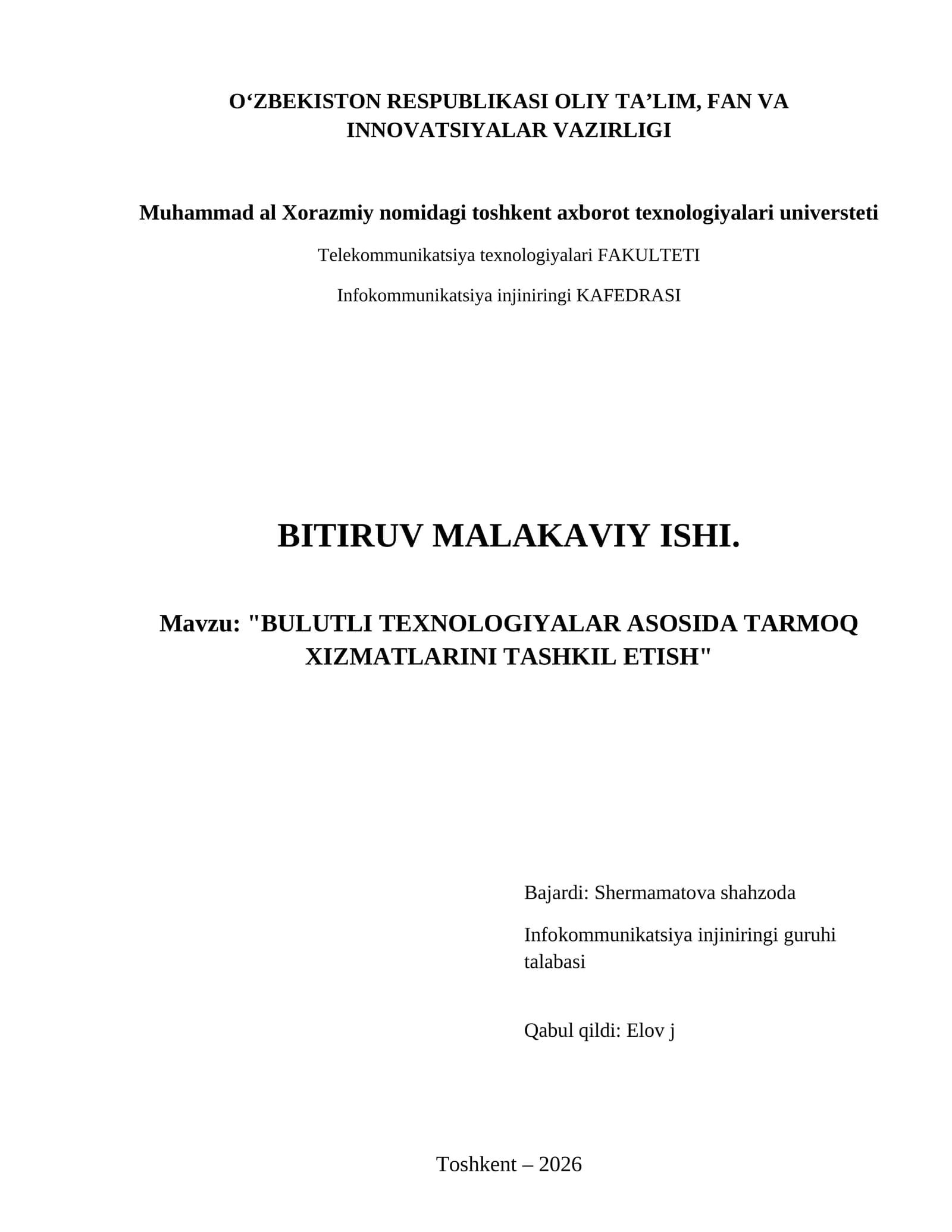 Bulutli texnologiyalar asosida tarmoq xizmatlarini tashkil etish