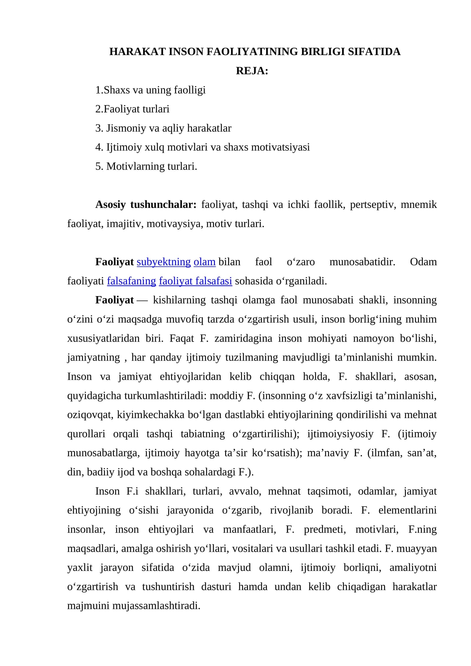 HARAKAT INSON FAOLIYATINING BIRLIGI SIFATIDA