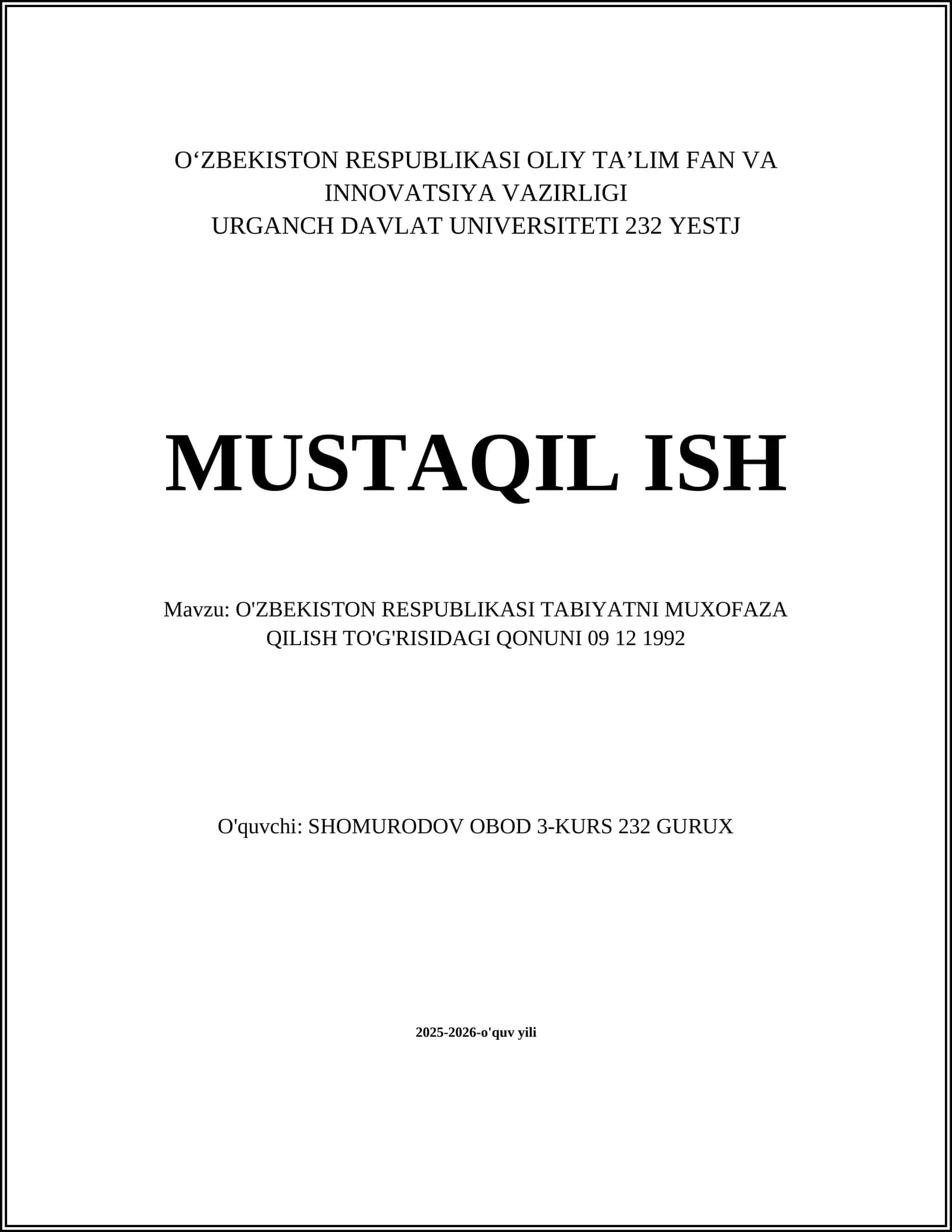 O'ZBEKISTON RESPUBLIKASI TABIYATNI MUXOFAZA QILISH TO'G'RISIDAGI QONUNI 09 12 1992