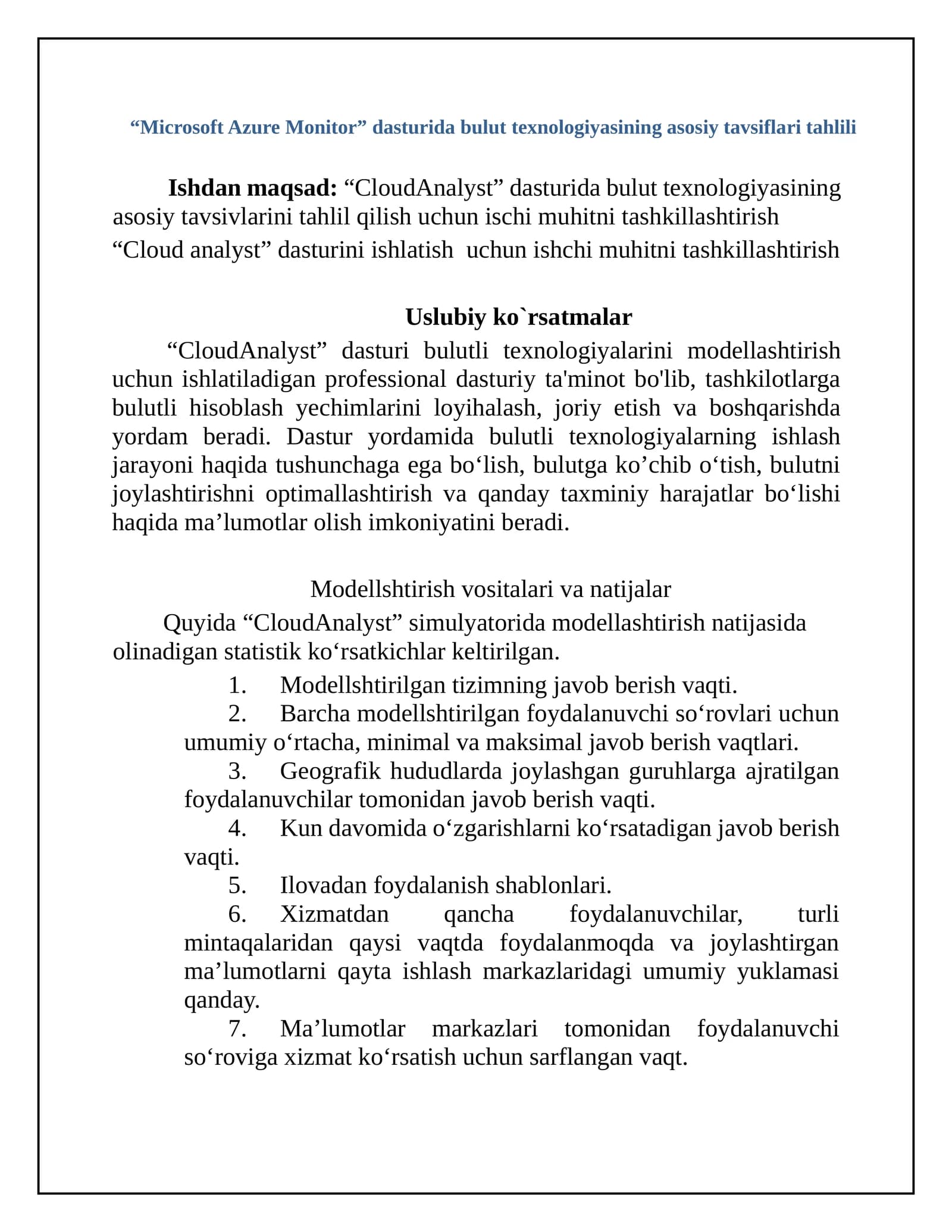 “Microsoft Azure Monitor” dasturida bulut texnologiyasining asosiy tavsiflari tahlili