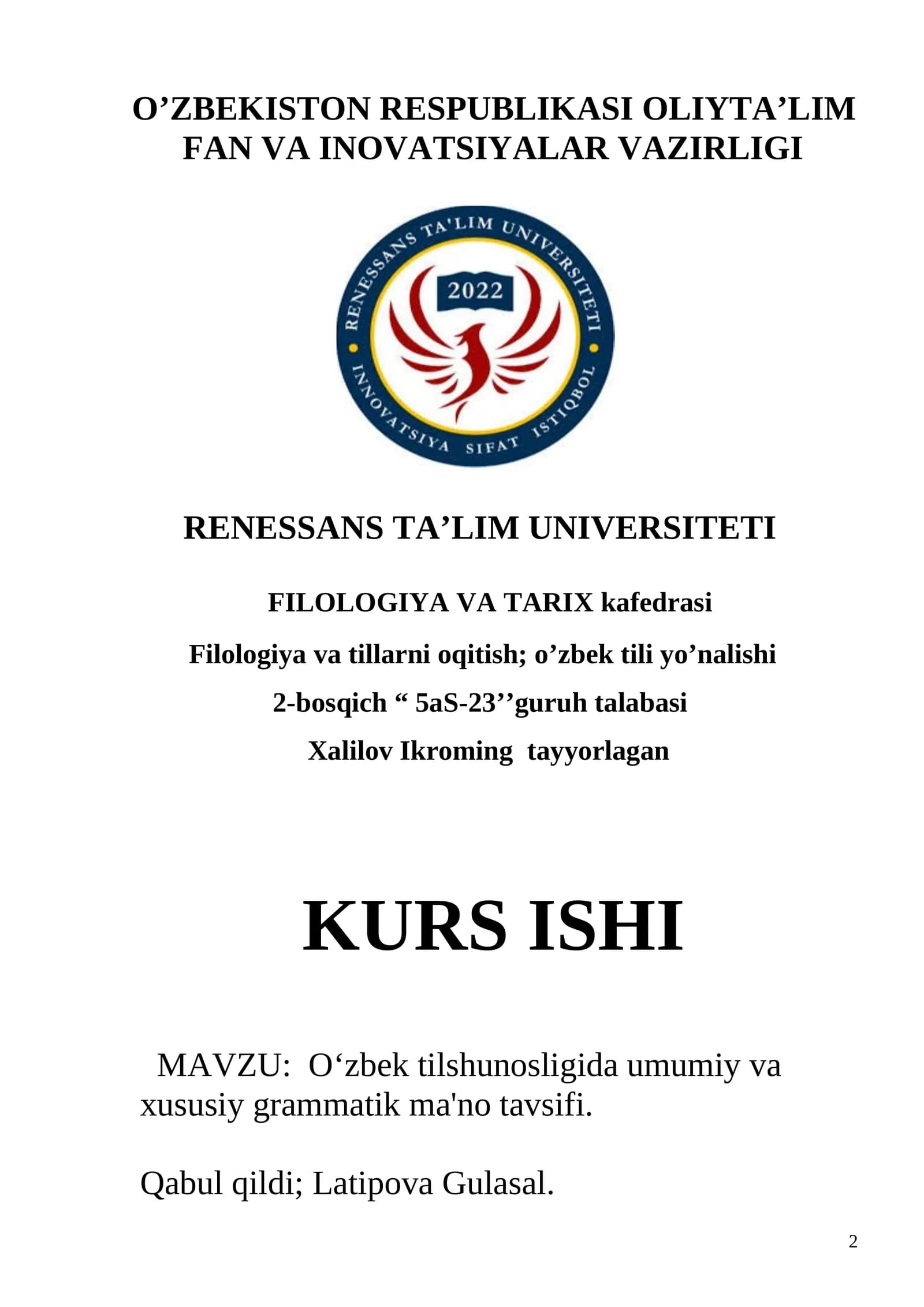 O‘zbek tilshunosligida umumiy va xususiy grammatik ma'no tavsifi