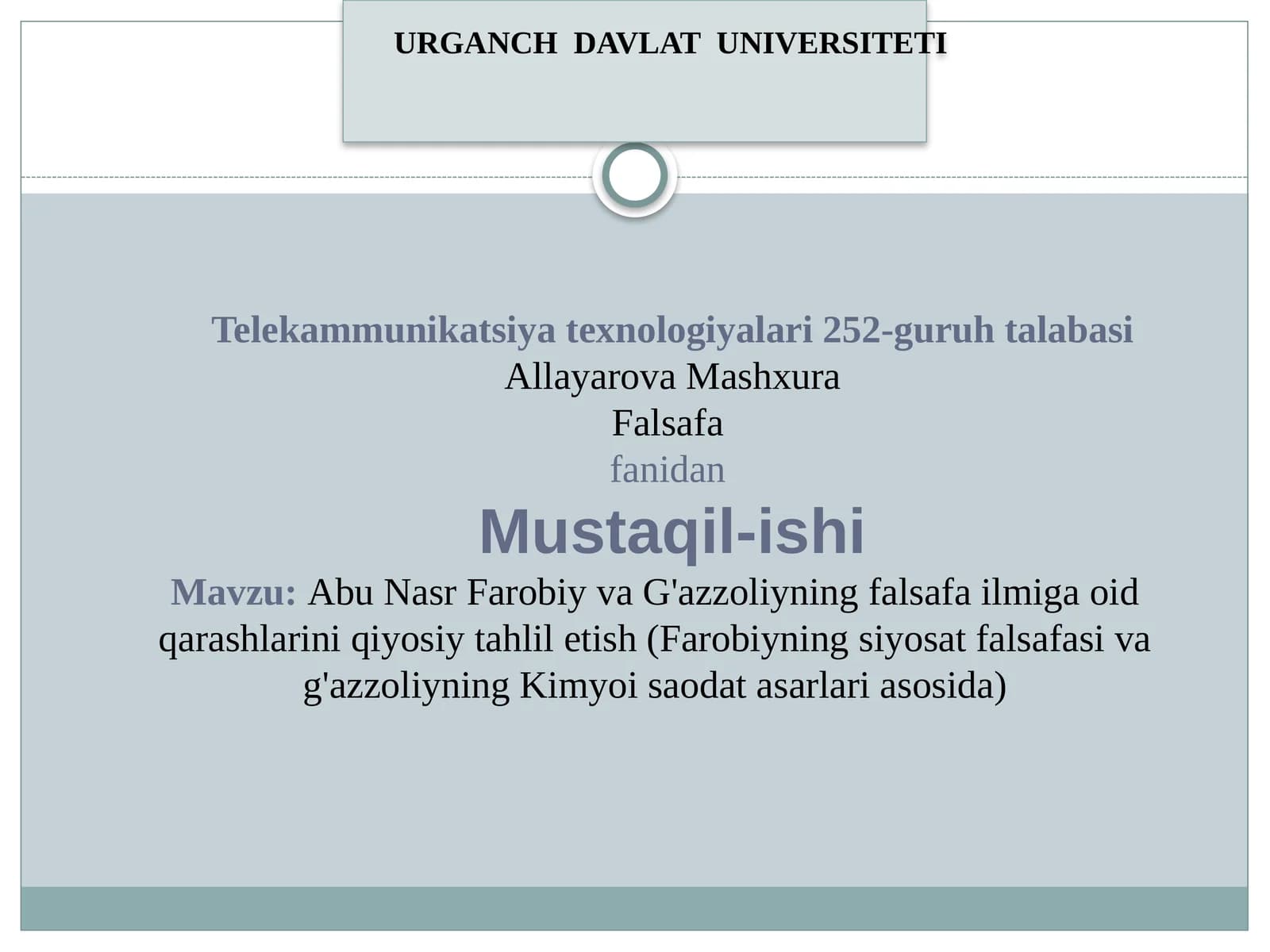 Abu Nasr Farobiy va G'azzoliyning falsafa ilmiga oid qarashlarini qiyosiy tahliletish (Farobiyning Siyosat falsafasi va G'azzoliyning Kimyo is'odati asarlarida)