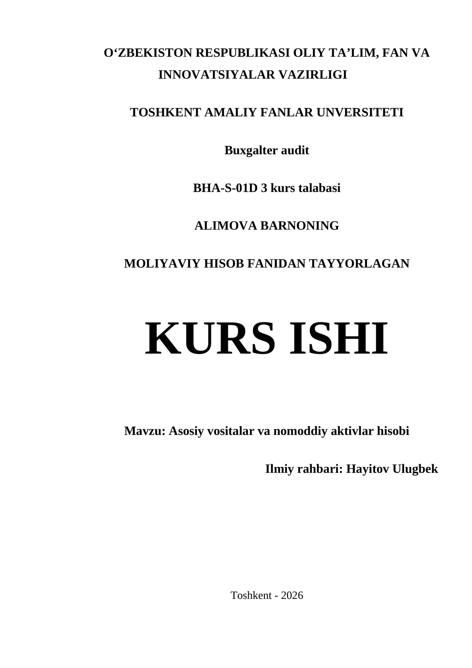 MOLIYAVIY HISOB FANIDAN TAYYORLAGAN KURS ISHI