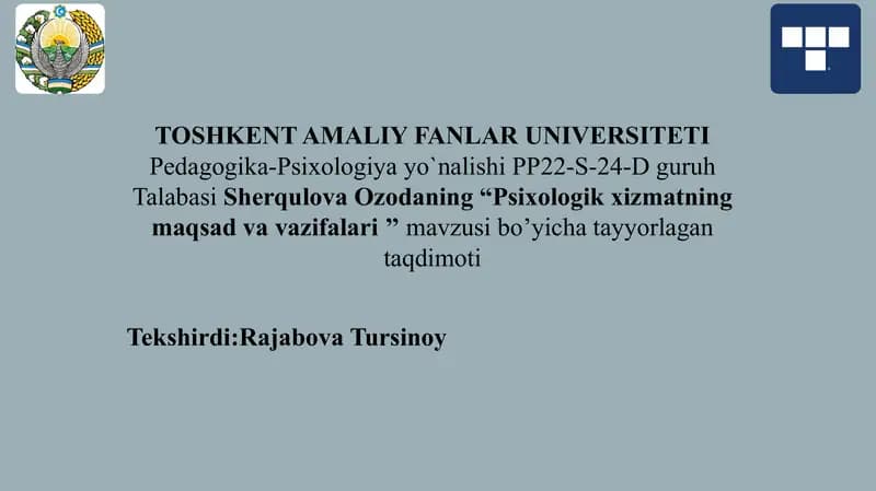 Psixologik xizmat vazifa va maqsadi