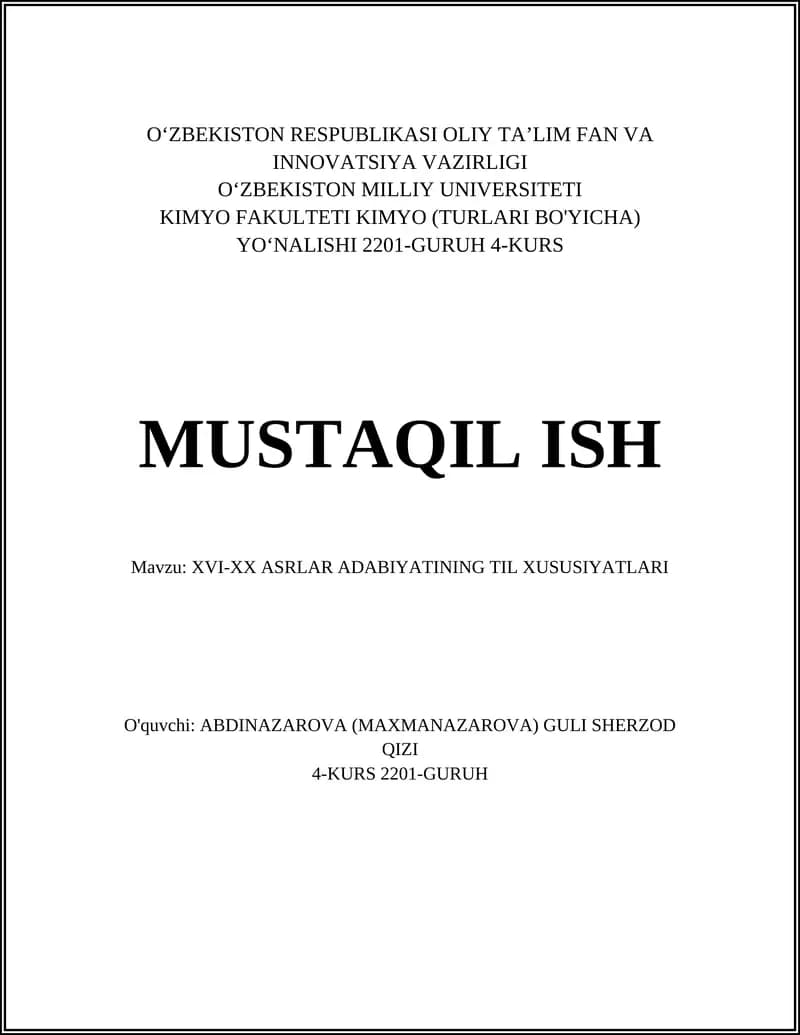 XVI-XX ASRLAR ADABIYATINING TIL XUSUSIYATLARI