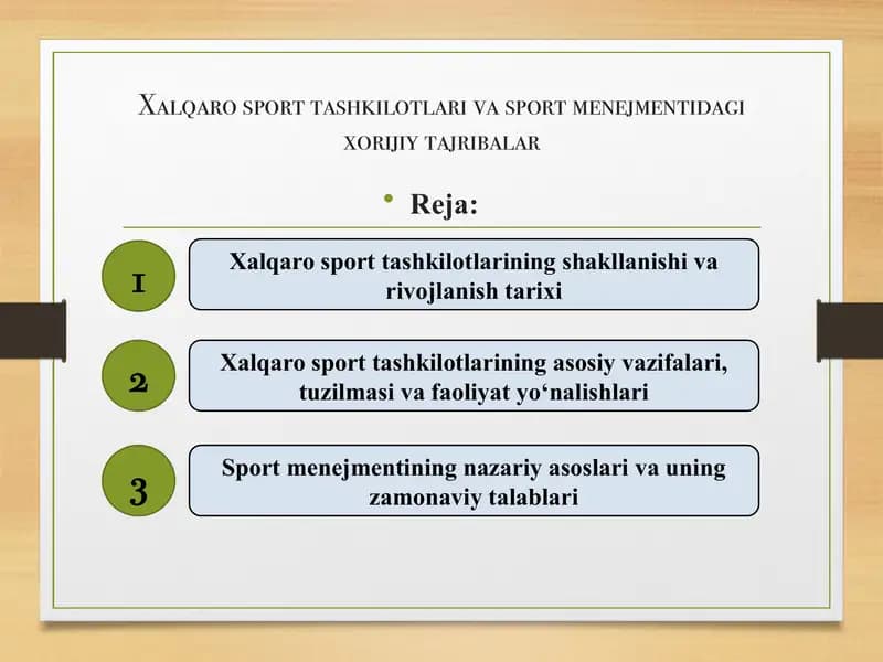 Xalqaro sport tashkilotlari va sport menejmentidagi xorijiy tajribalar