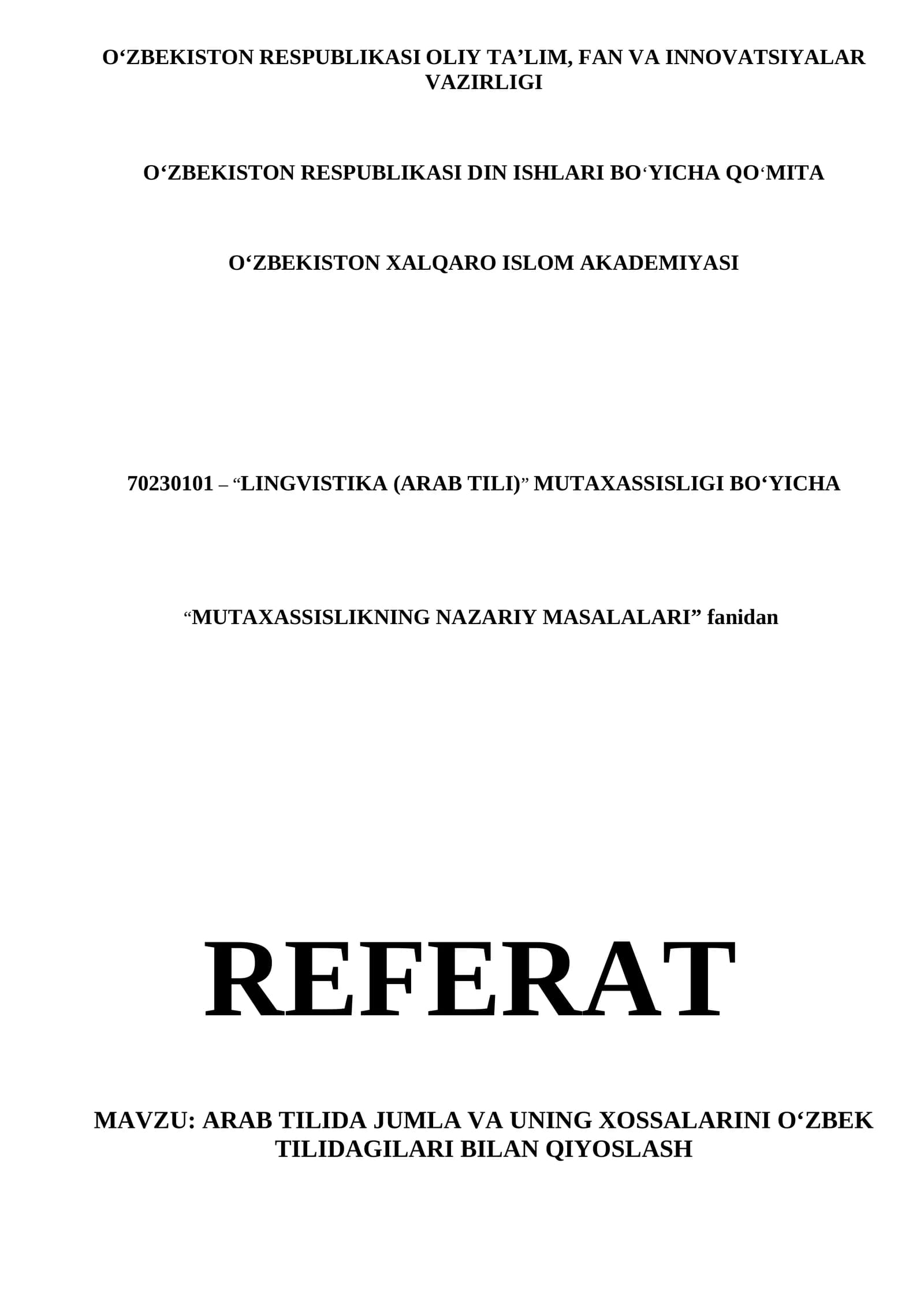 REFERAT Arab tilida jumla va uning xossalarini o'zbek tilidagilari bilan qiyoslash