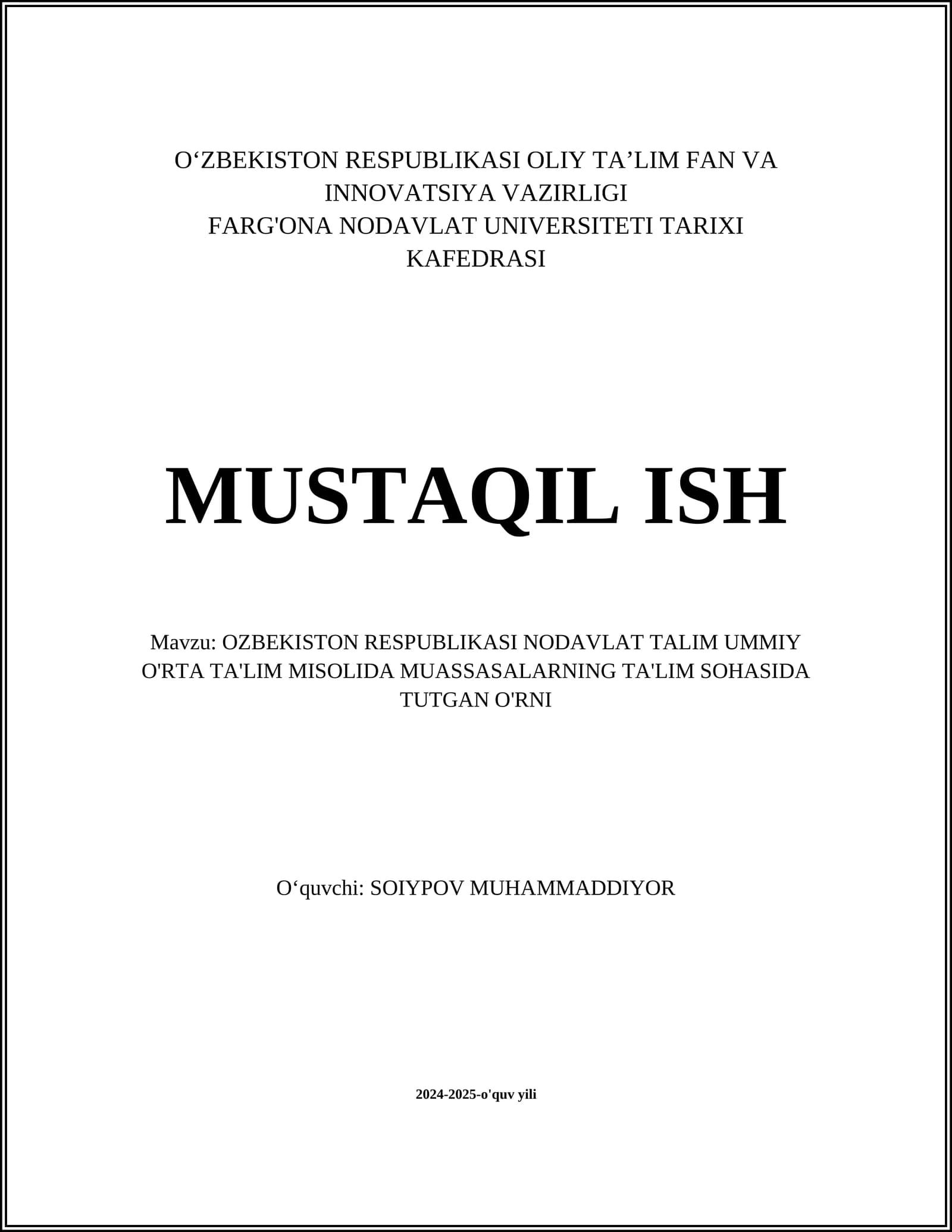 O‘ZBEKISTON RESPUBLIKASI NODAVLAT TALIM UMMIY O'RTA TA'LIM MISOLIDA MUASSASALARNING TA'LIM SOHASIDA TUTGAN O'RNI
