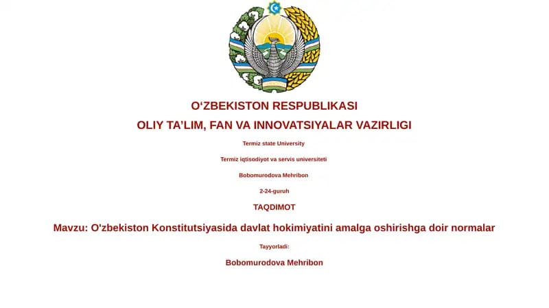 O'zbekiston Konstitutsiyasida davlat hokimiyatini amalga oshirishga doir normalar