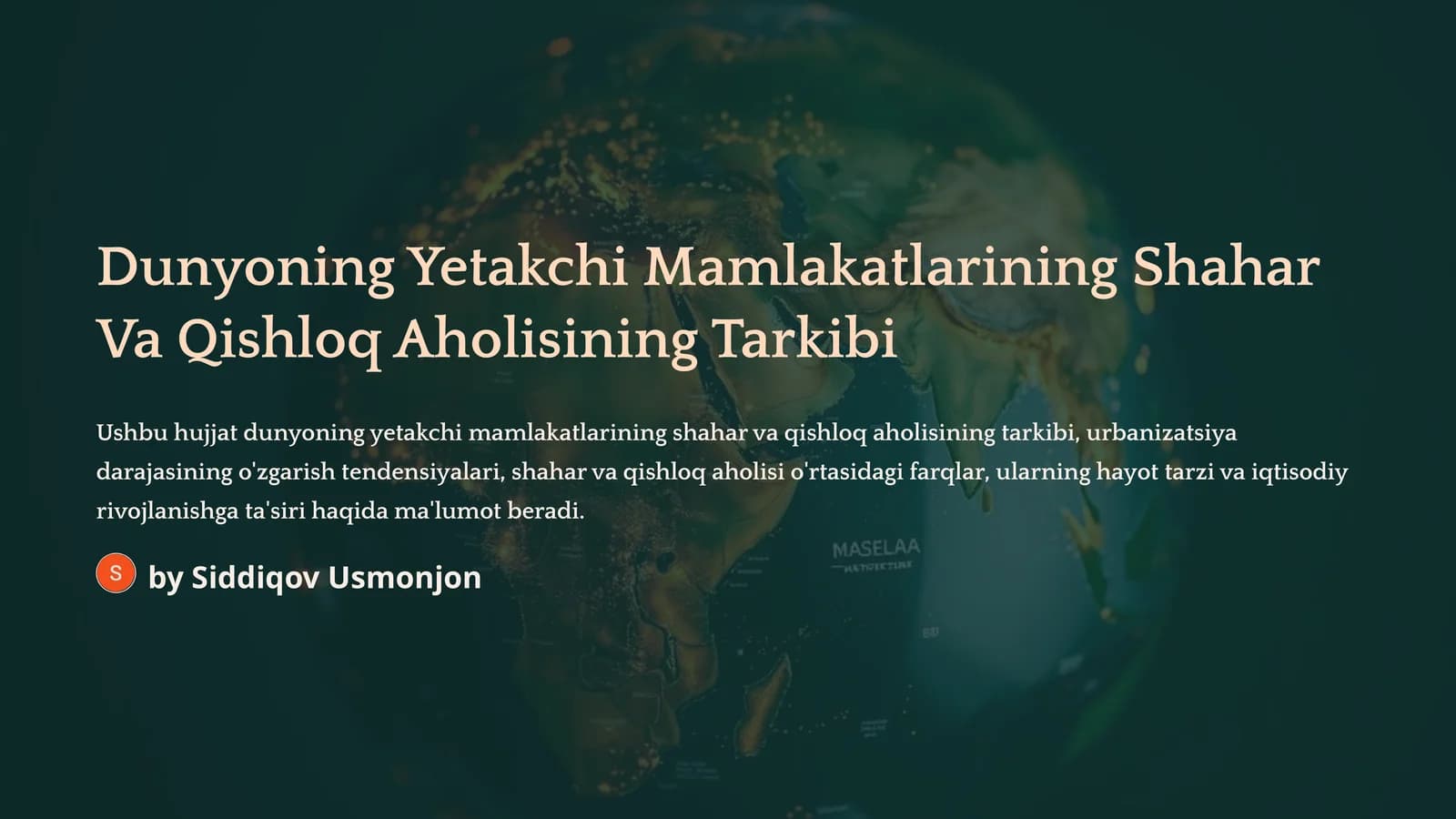 Dunyoning Yetakchi Mamlakatlarining Shahar Va Qishloq Aholisining Tarkibi
