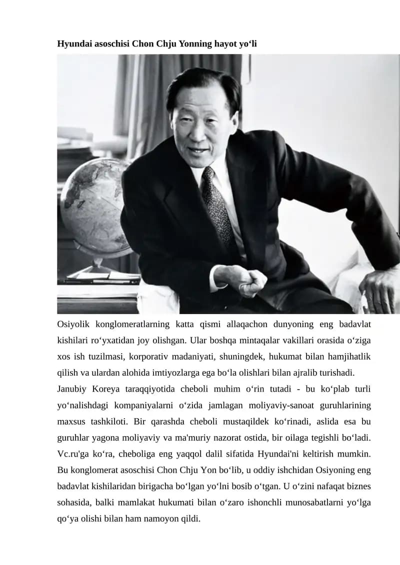 Hyundai asoschisi Chon Chju Yonning hayot yo‘li