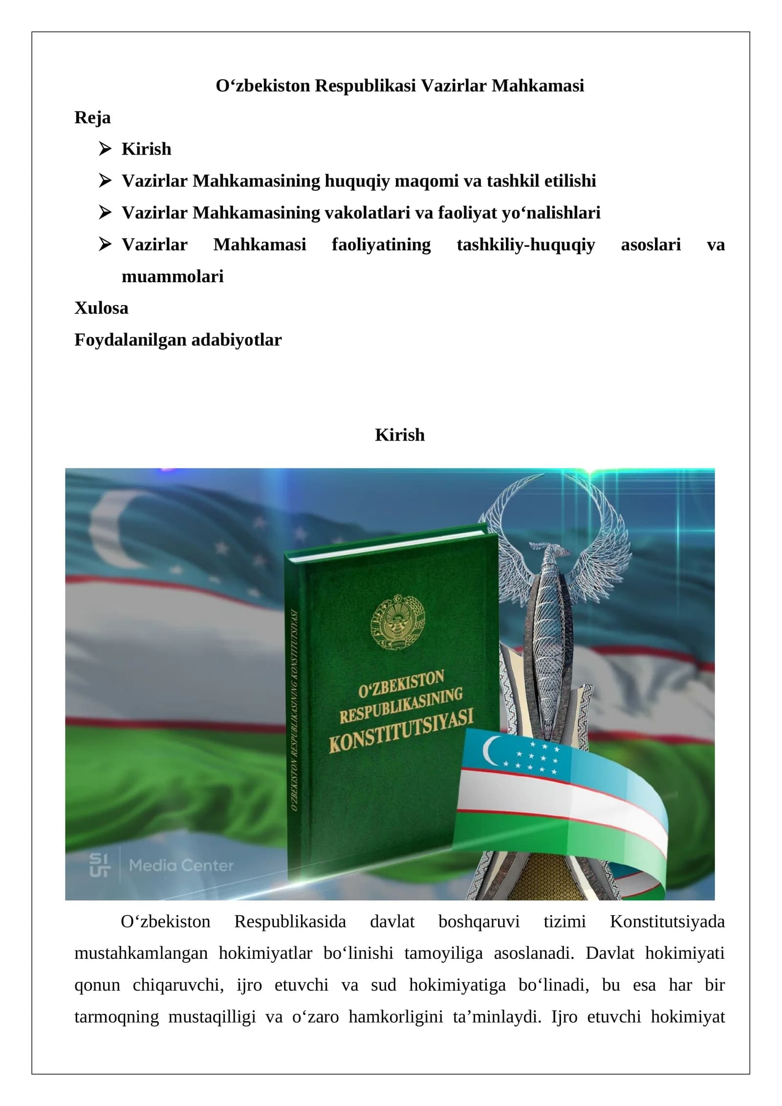 Vazirlar Mahkamasining huquqiy maqomi va tashkil etilishi