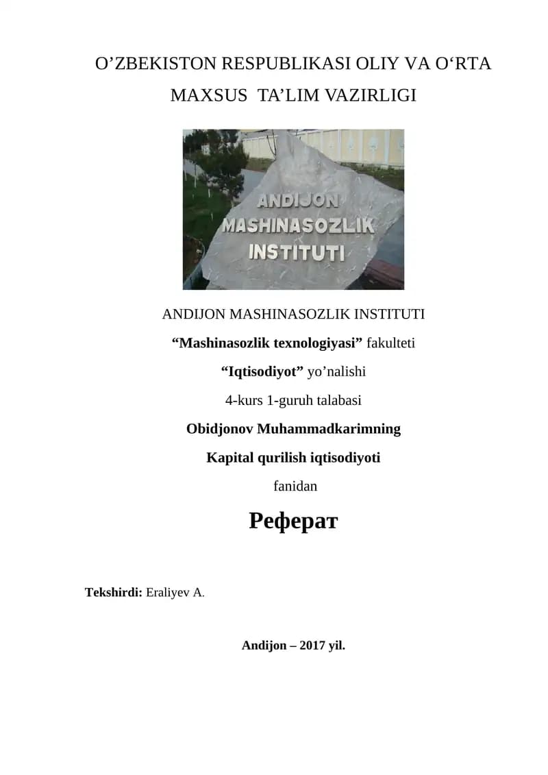 Kapital qurilish iqtisodiyoti fanidan