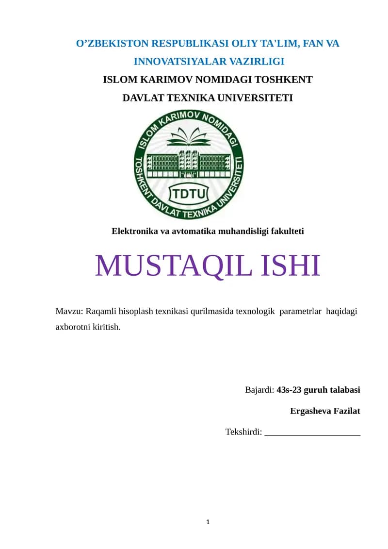 Raqamli hisoplash texnikasi qurilmasida texnologik parametrlar haqidagi axborotni kiritish