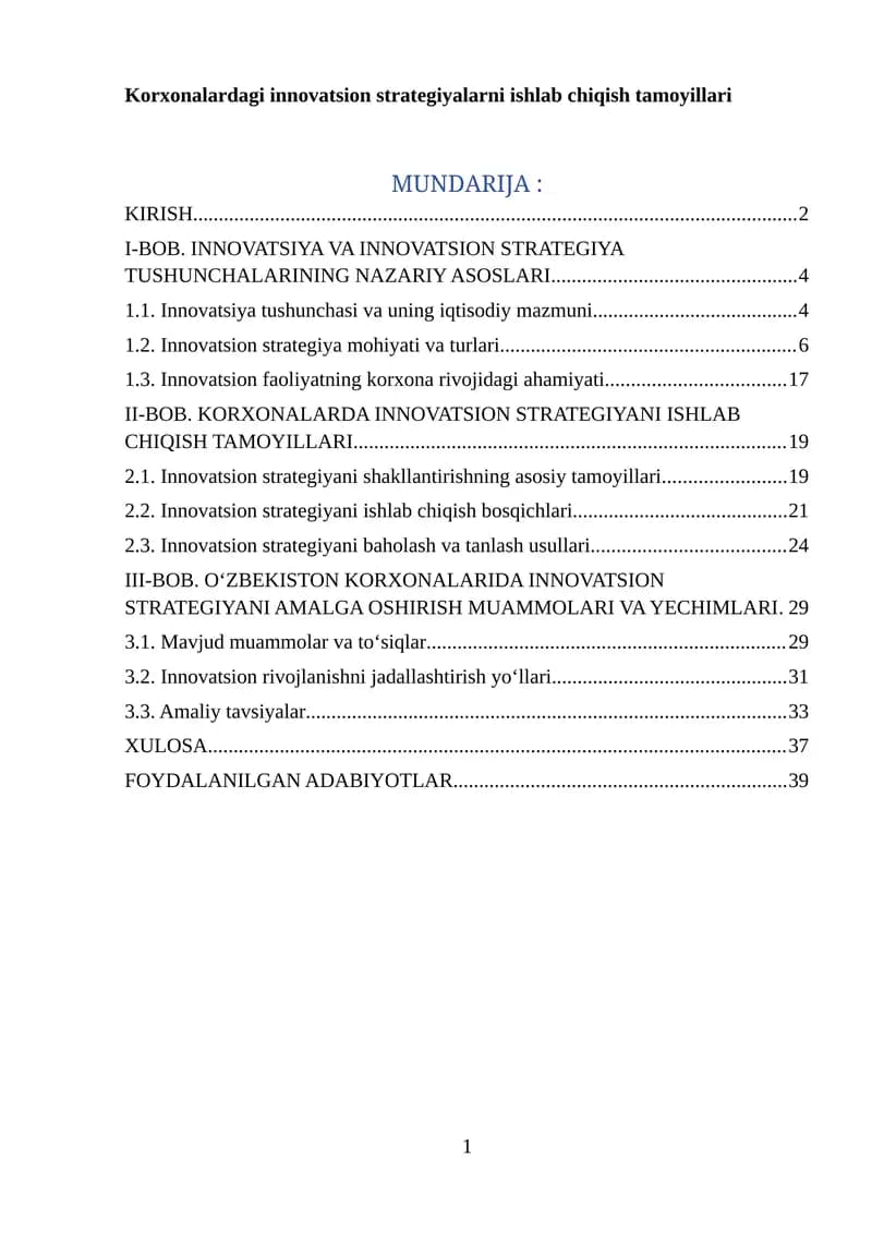 Korxonalardagi innovatsion strategiyalarni ishlab chiqish tamoyillari