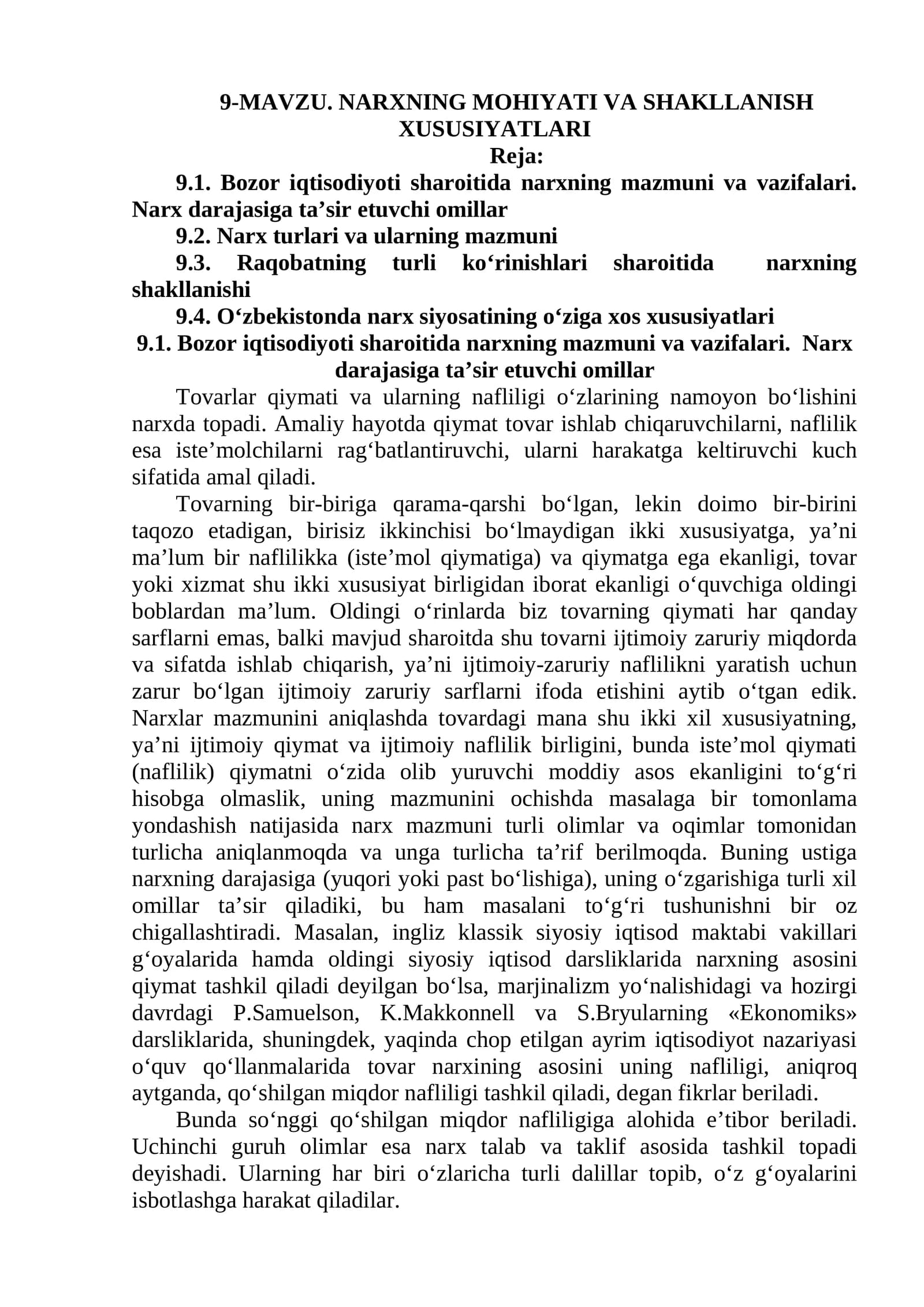 MAVZU. NARXNING MOHIYATI VA SHAKLLANISH XUSUSIYATLARI