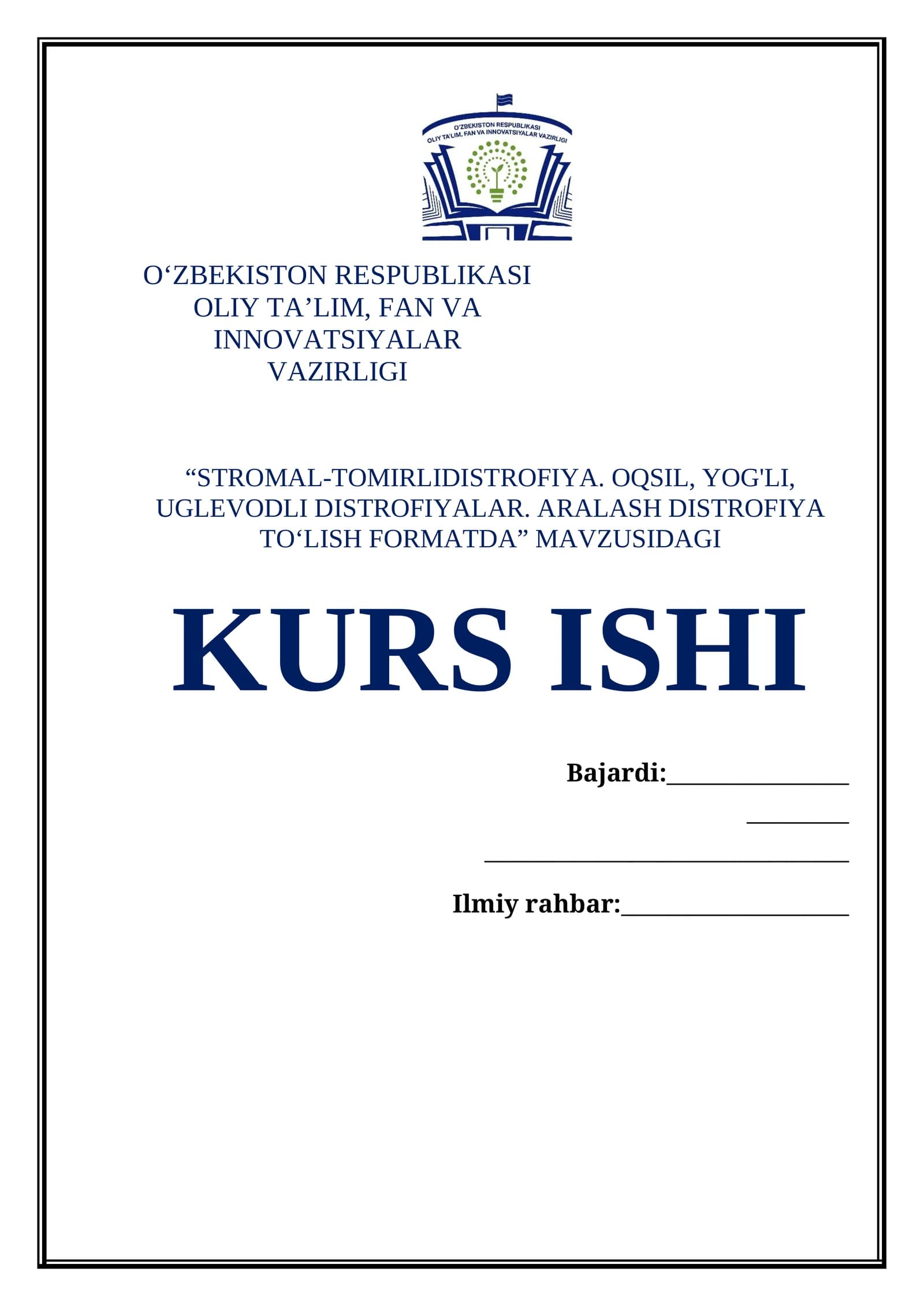 STROMAL-TOMIRLIDISTROFIYA. OQSIL, YOG'LI, UGLEVODLI DISTROFIYALAR. ARALASH DISTROFIYA TOʻLISH FORMATDA