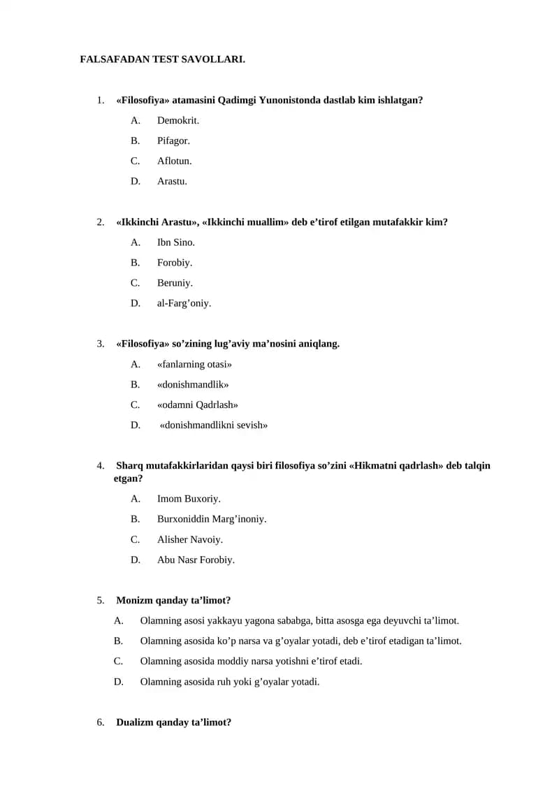 FALSAFADAN TEST SAVOLLARI