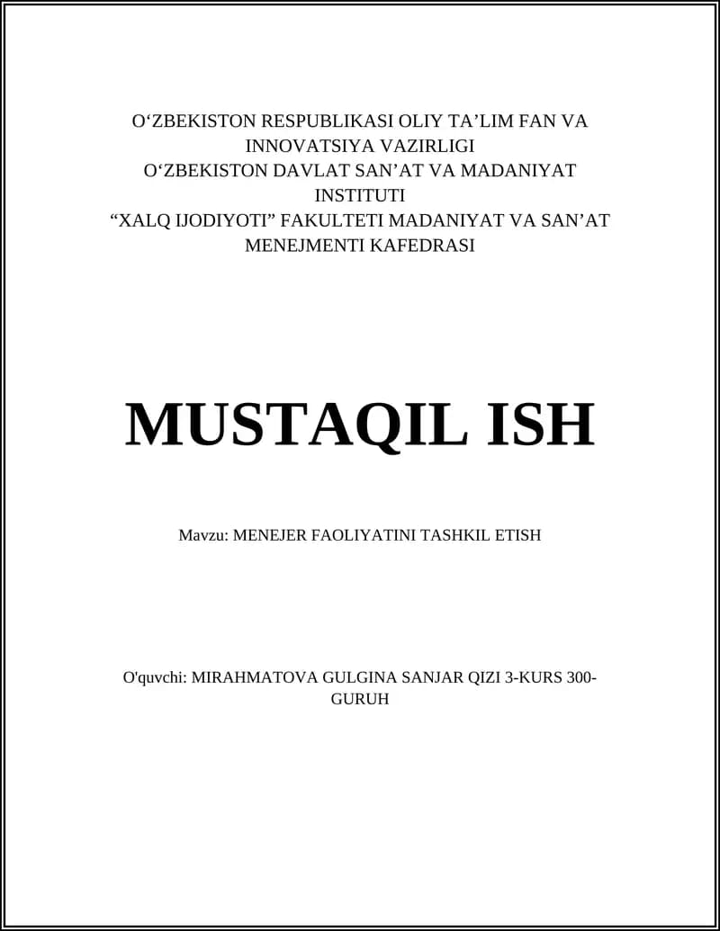 MENEJER FAOLIYATINI TASHKIL ETISH