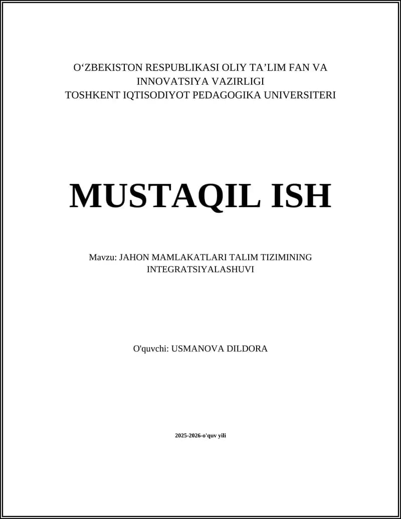 JAHON MAMLAKATLARI TALIM TIZIMINING INTEGRATSIYALASHUVI