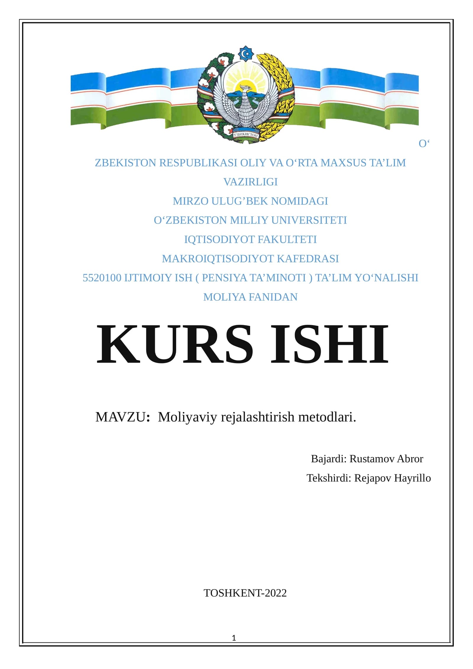 MAKROIQTISODIYOT KAFEDRASI, 5520100 IJTIMOIY ISH ( PENSIYA TA’MINOTI ) TA’LIM YO‘NALISHI