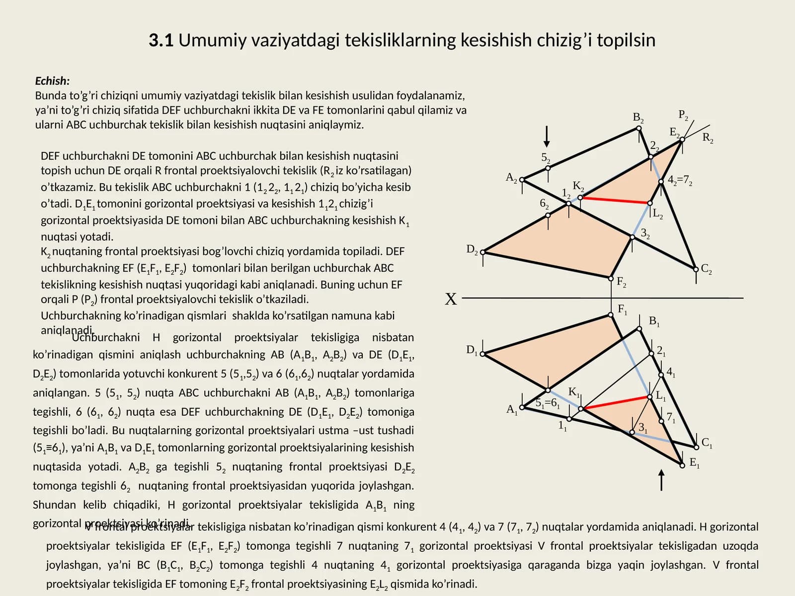Umumiy vaziyatdagi tekisliklarning kesishish chizig'ini topish
