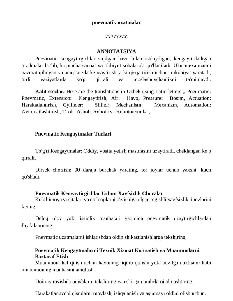 Pnevmatic Kengaytmalar Turlari