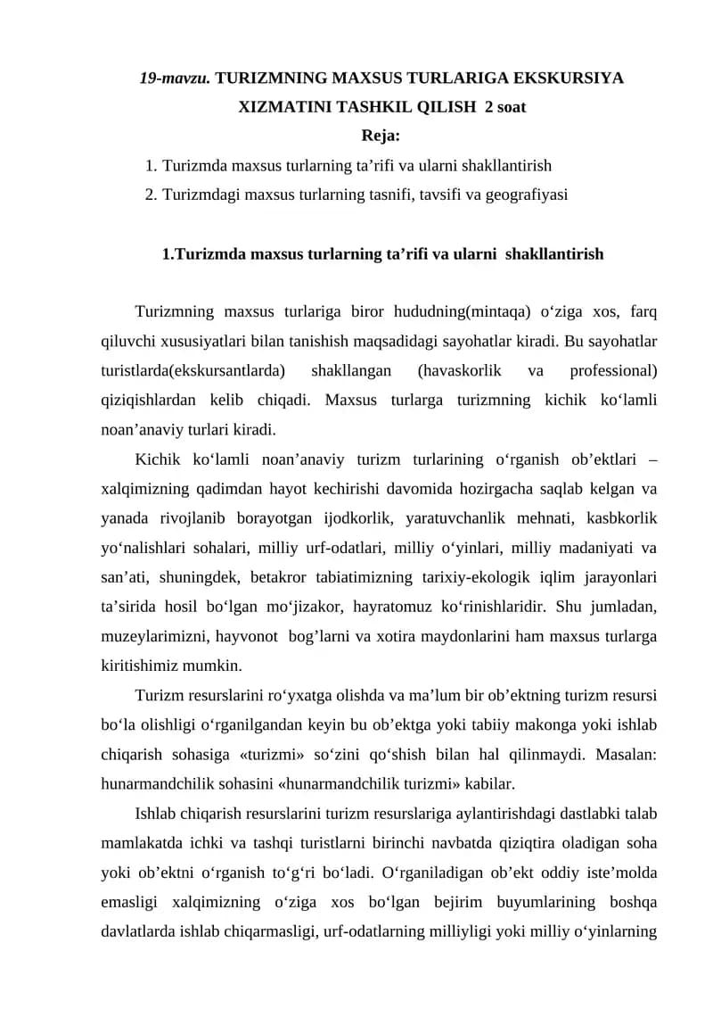 Turizmda maxsus turlar