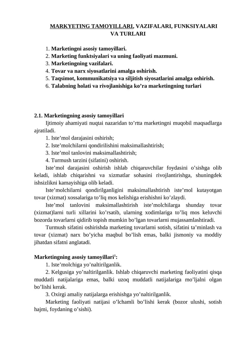MARKYETING TAMOYILLARI, VAZIFALARI, FUNKSIYALARI VA TURLARI