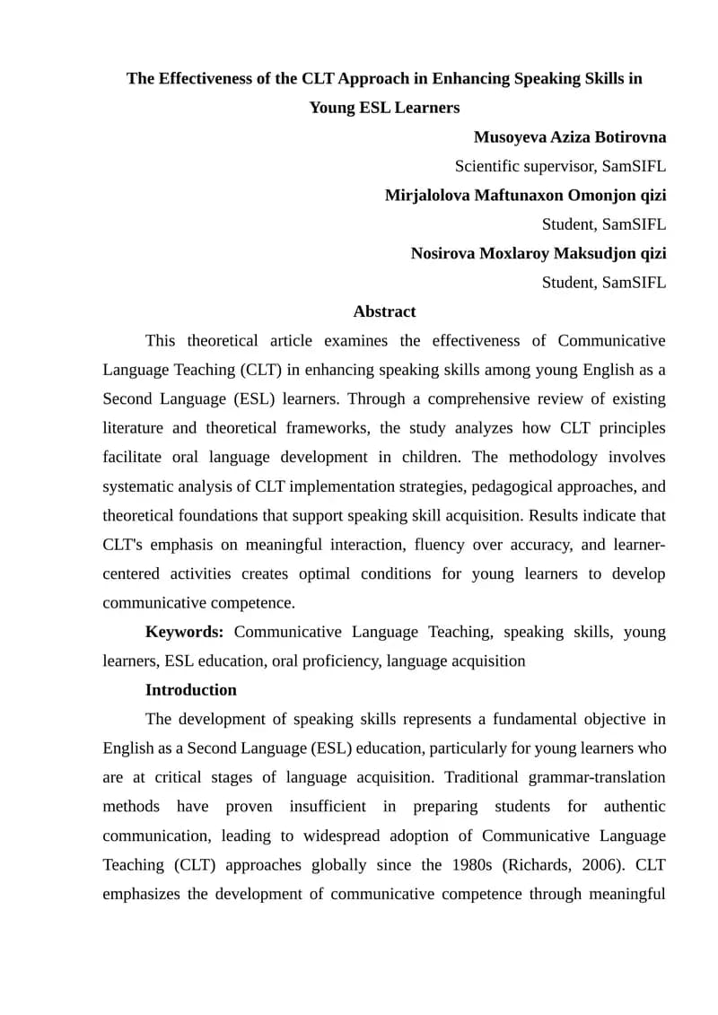 The Effectiveness of the CLT Approach in Enhancing Speaking Skills in Young ESL Learners
